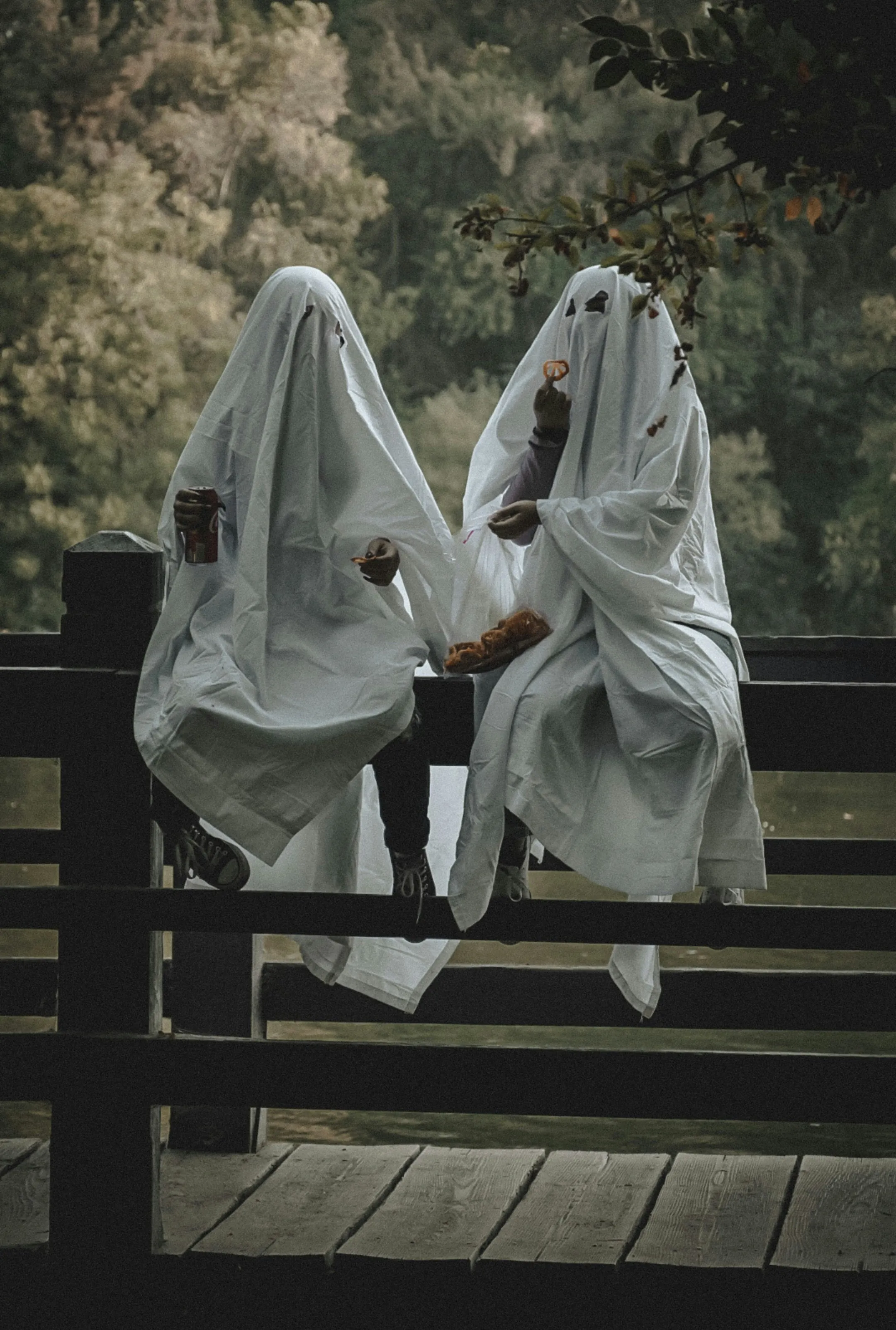 Two Ghosts Sitting on Fence at Halloween Festival HD image