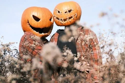 Two Jack O Lanterns Face Couple with Dried Grass Wallpaper