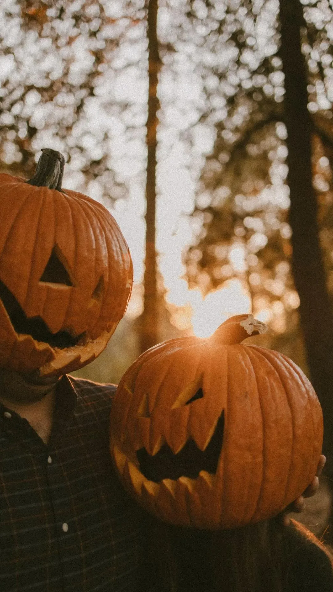 Two People Holding Carved Pumpkins in Autumn Forest