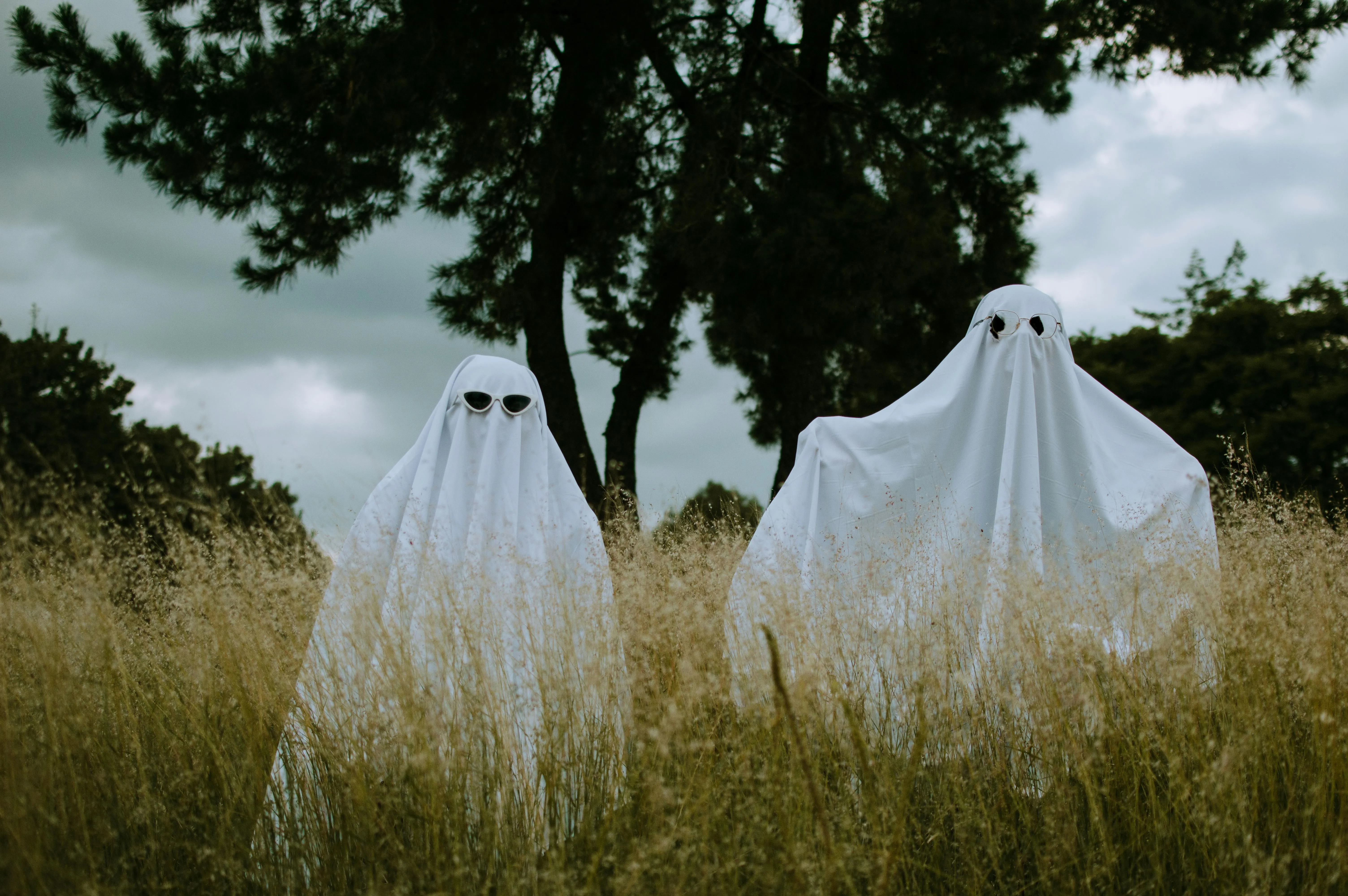 Two People in Ghost Costumes in Field at Halloween