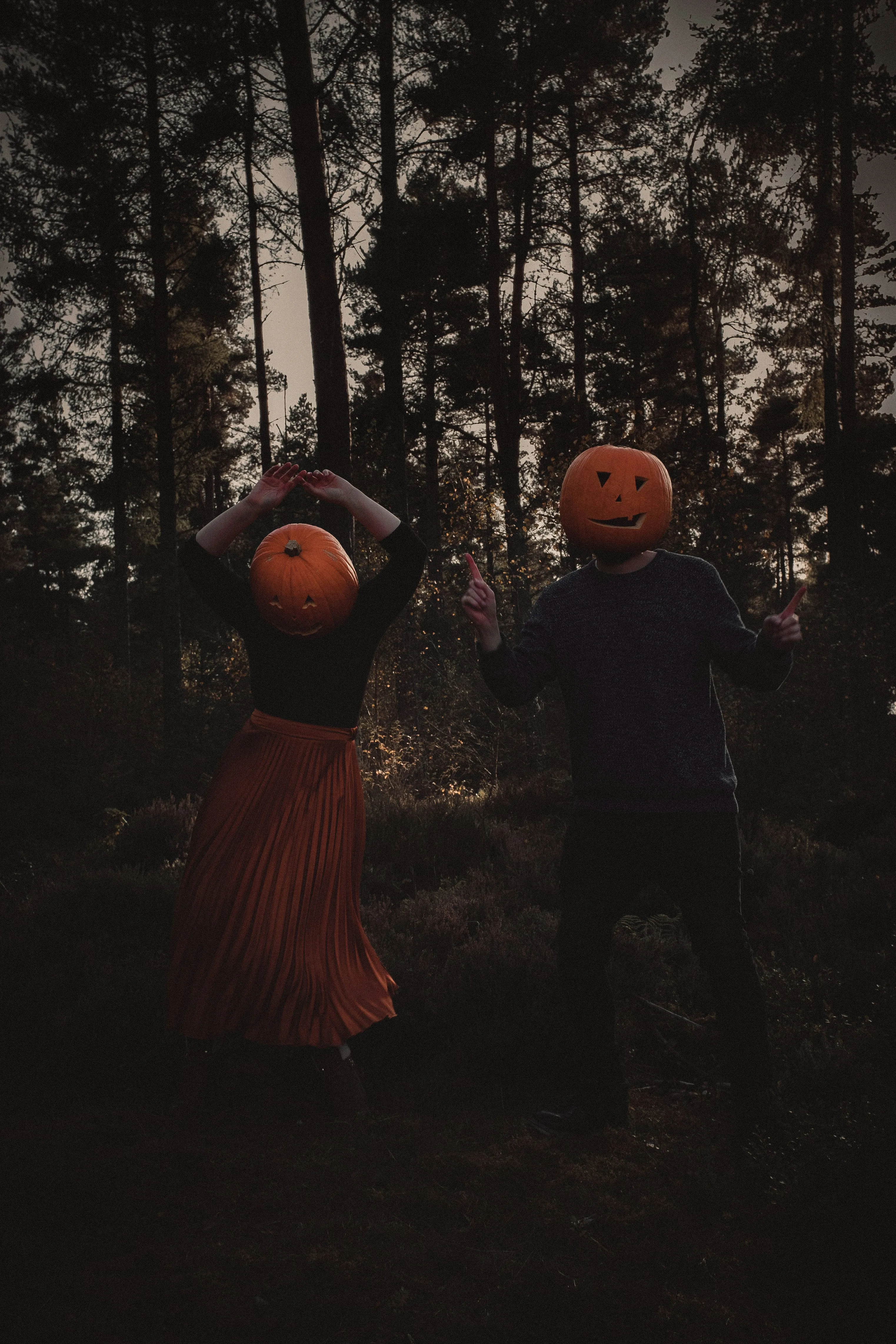 Two People in Pumpkin Masks Dancing in Forest Scene Image