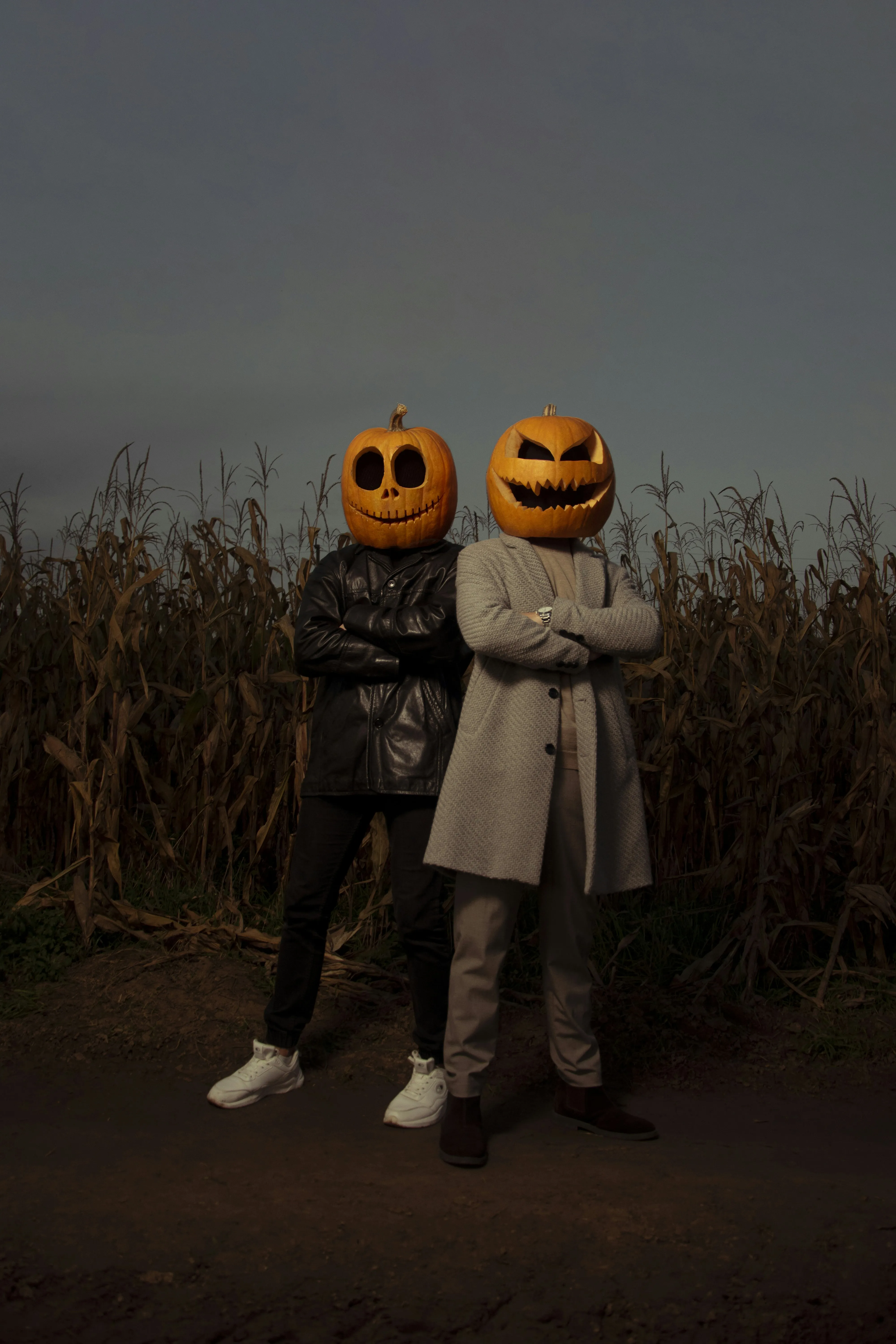Two Pumpkin Head Figures in Cornfield Halloween Scene HD