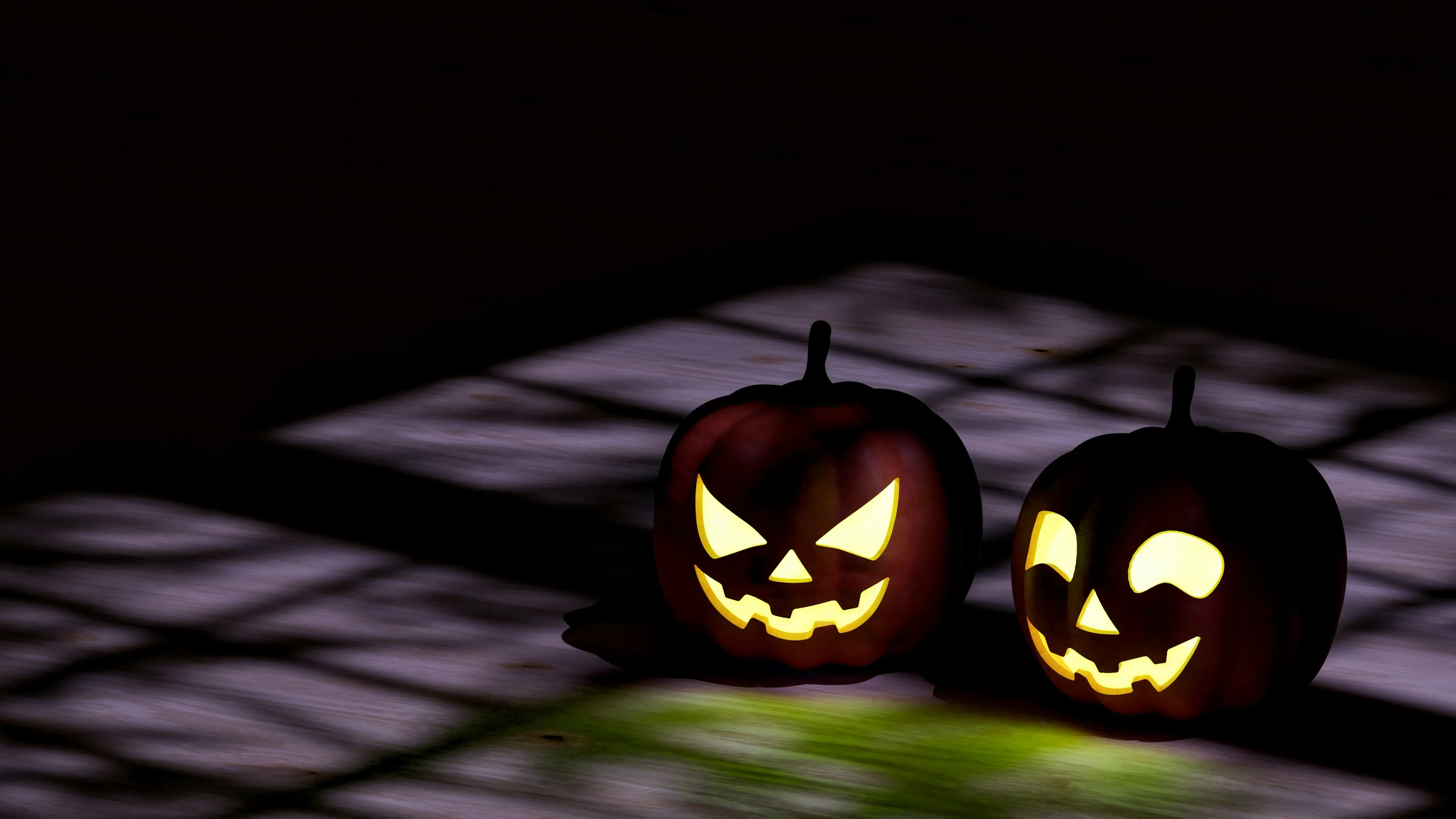 Two Small Jack O Lanterns Casting Shadows on Floor Image