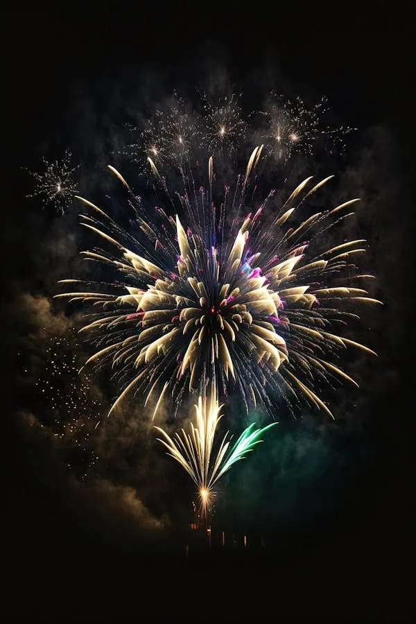 Vibrant and colorful fireworks explode in night sky