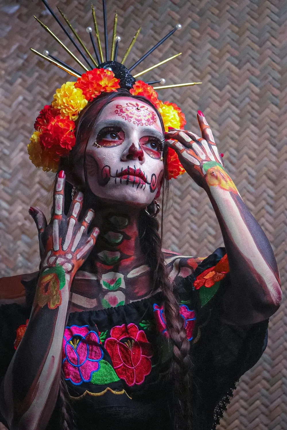 Vibrant Day of the Dead Costume and Skeleton Body Art
