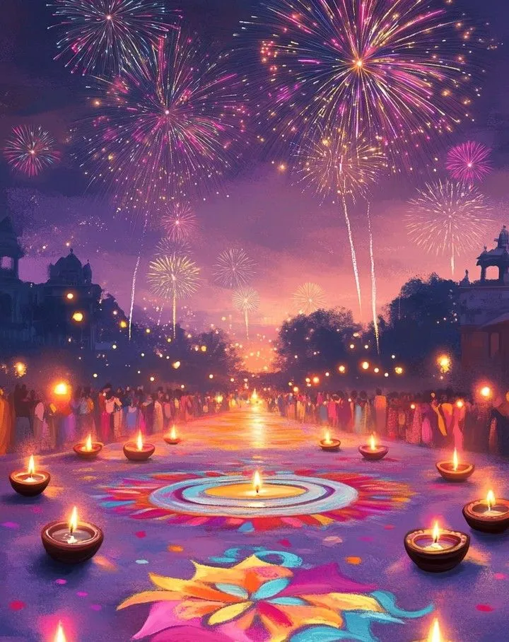 Vibrant Fireworks Display With Colorful Rangoli Pattern