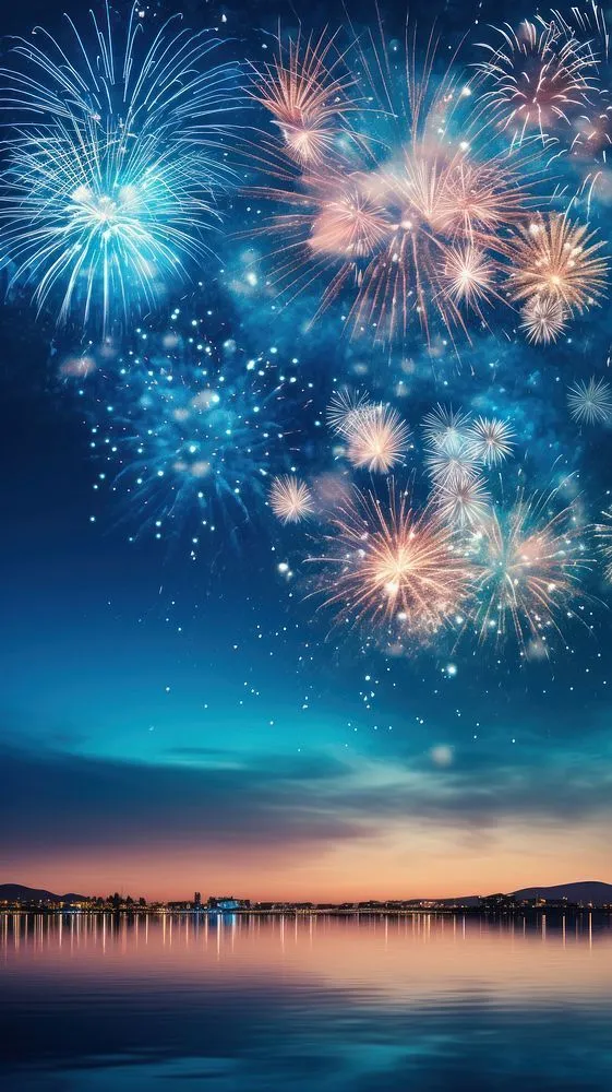 Vibrant Fireworks Exploding over a Peaceful Lake