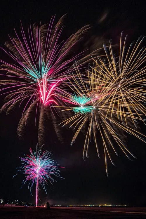 Vibrant Fireworks in Bright Colors over the Open Water