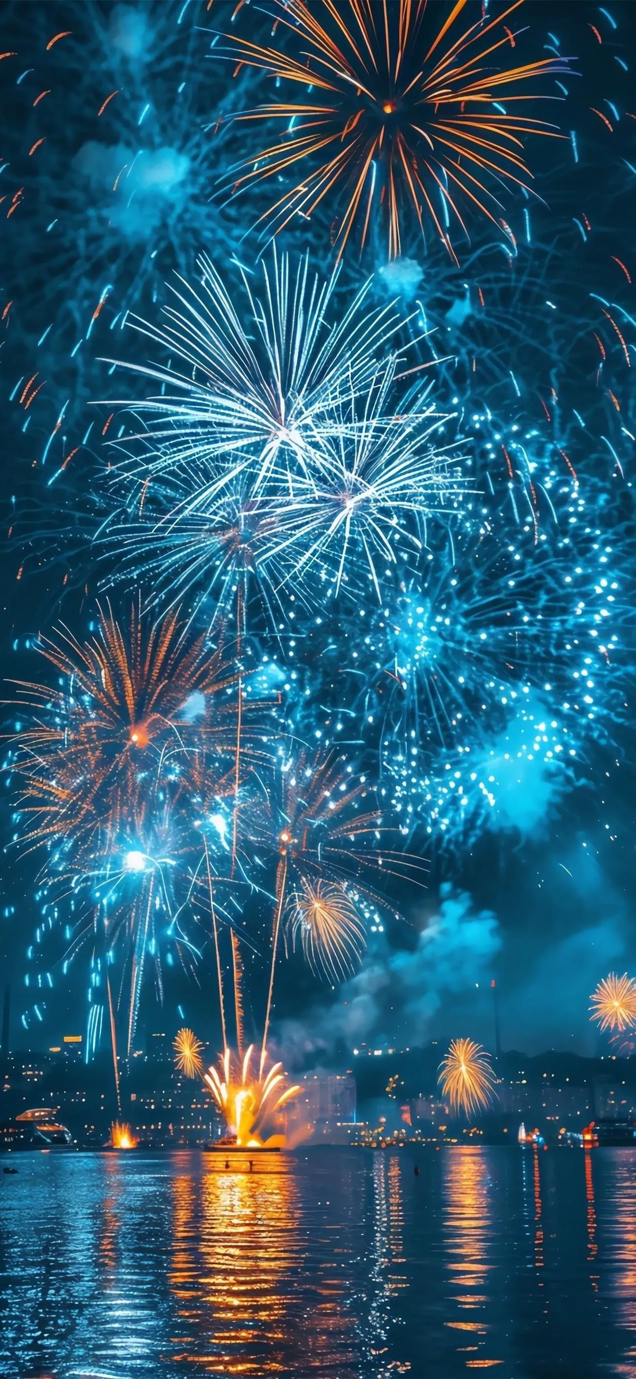 Vibrant Fireworks Reflecting on the Calm Water at Night