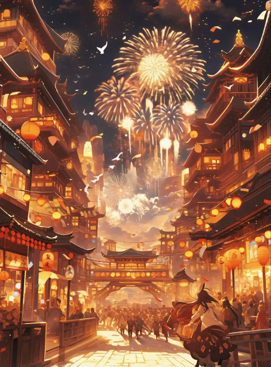 Vibrant fireworks show over a lively cityscape Wallpaper