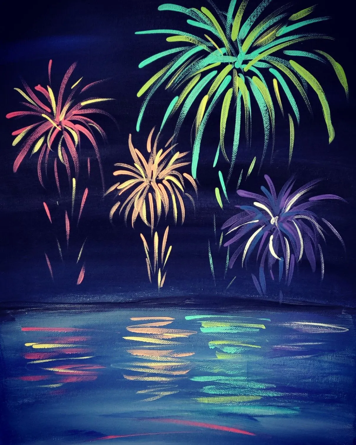 Vibrant fireworks with reflections over the calm water surface