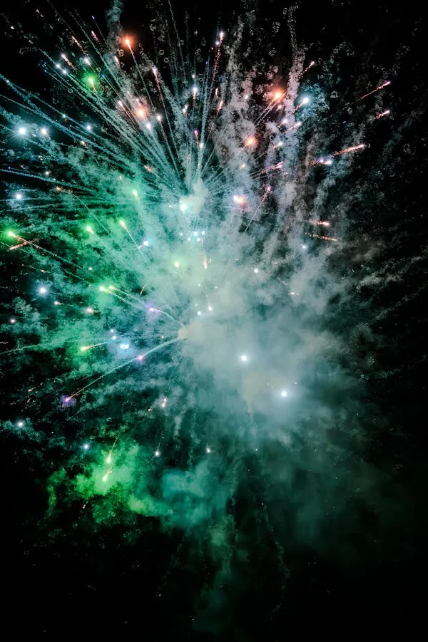 Vibrant Green Fireworks Exploding in the Dark Night Sky