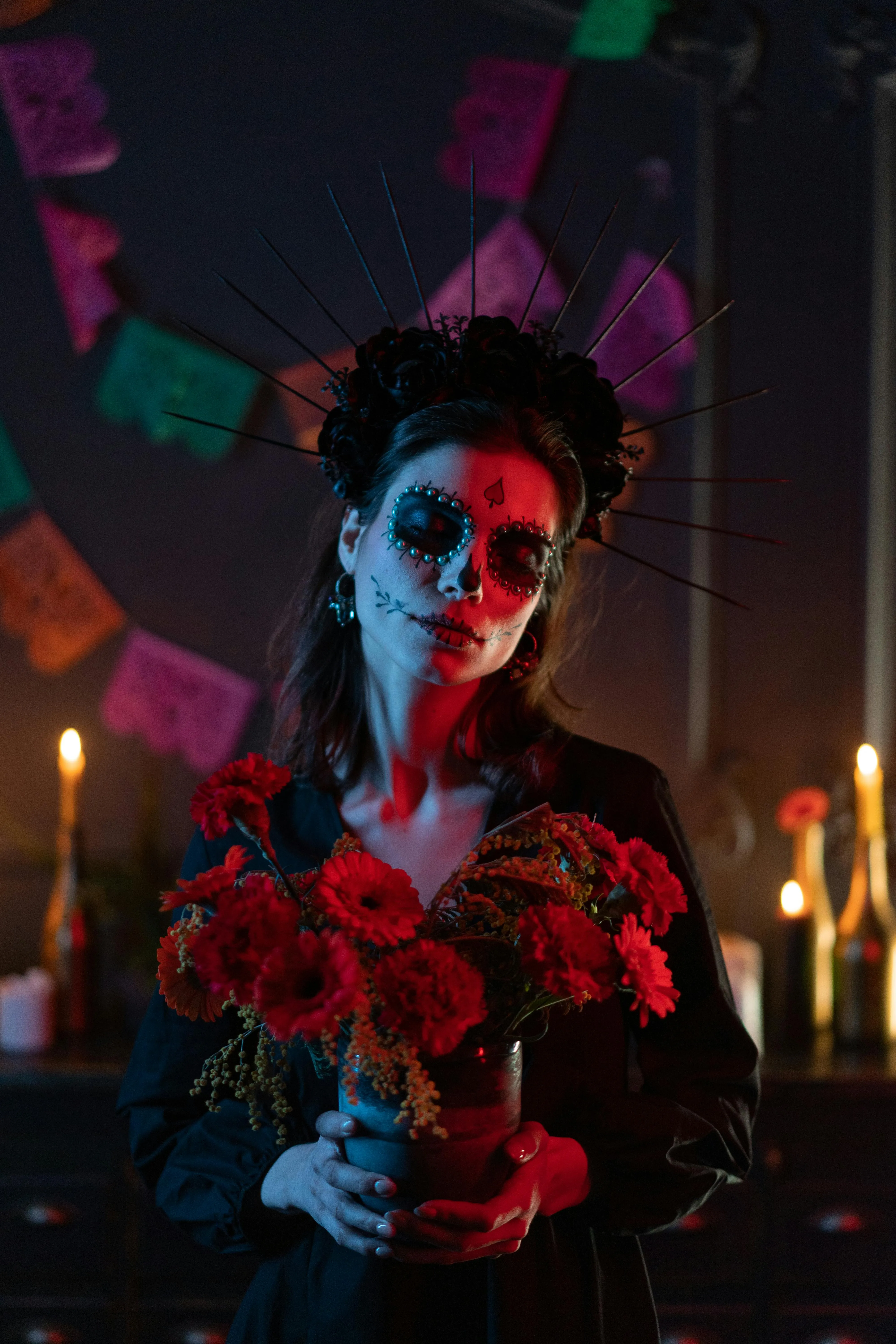 Vibrant Halloween Makeup with Red Roses and Candlelight