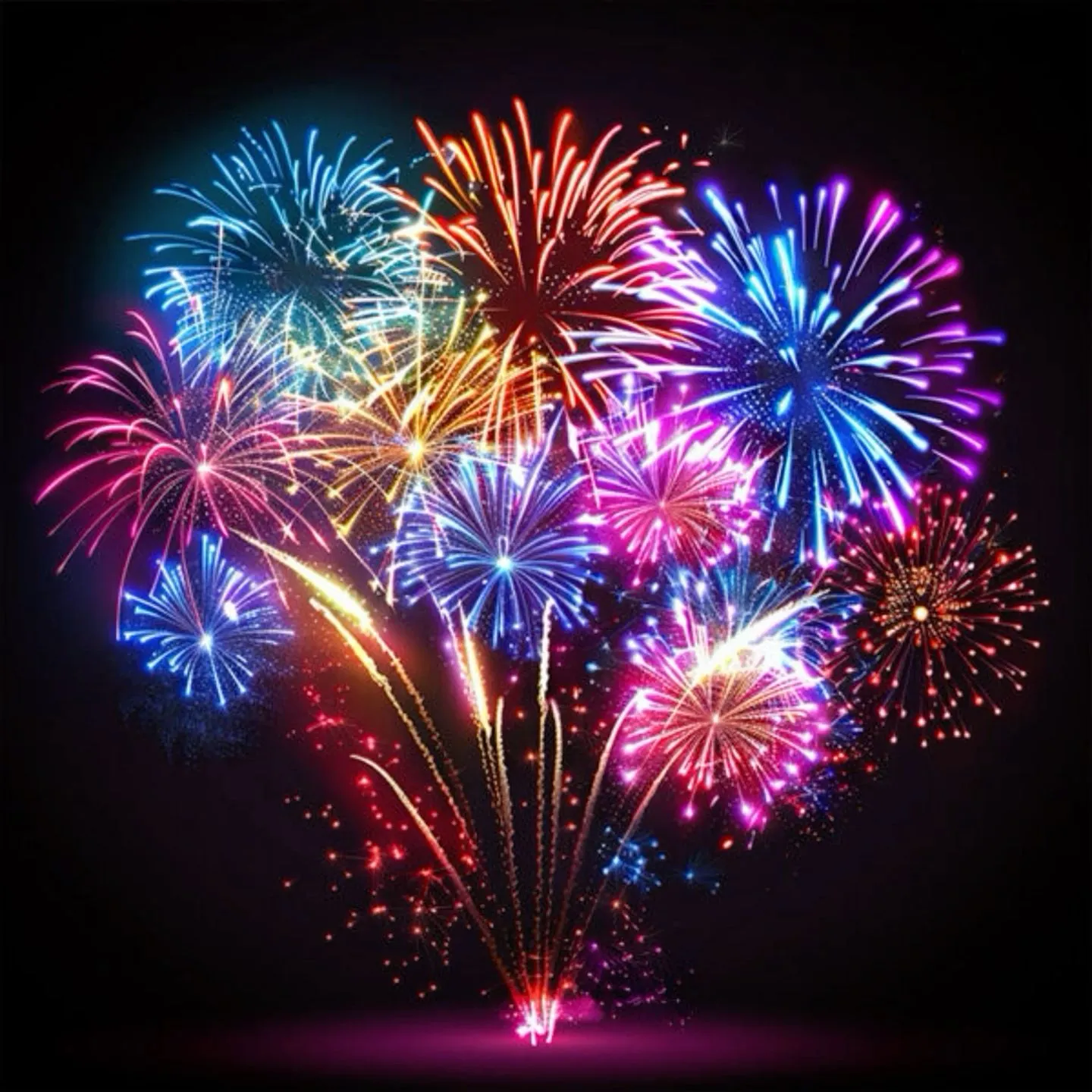 Vibrant multi colored fireworks illuminating the night skyline