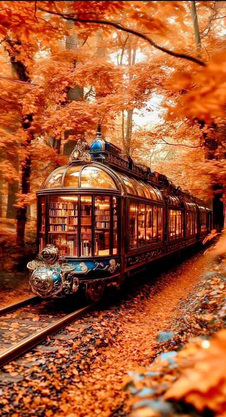 Vintage Trolley Surrounded By Bright Fall Foliage