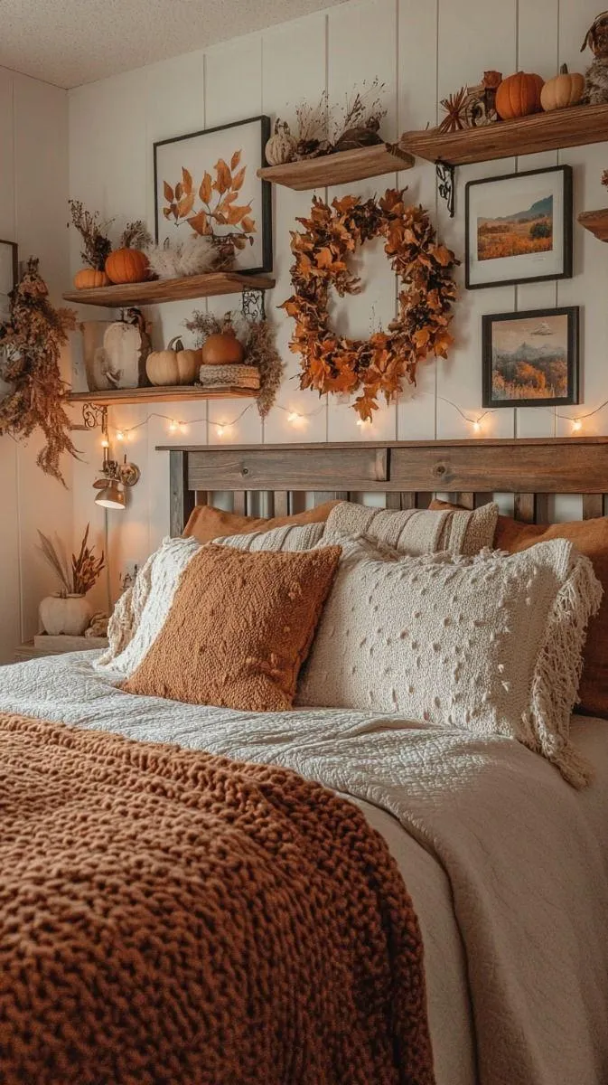 Warm and Cozy Bedroom with Autumn Leaf Wall Decoration