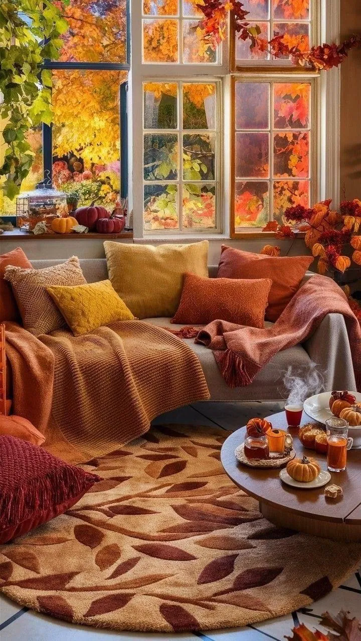 Warm and Inviting Autumn Living Room Decor with Pumpkins