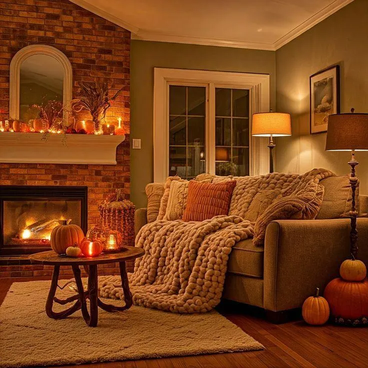 Warm and Inviting Fall Lounge with Pumpkin Accents Wallpaper