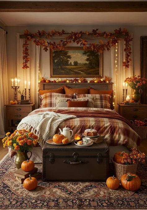 Warm and Inviting Halloween Bedroom Decor with Pumpkins