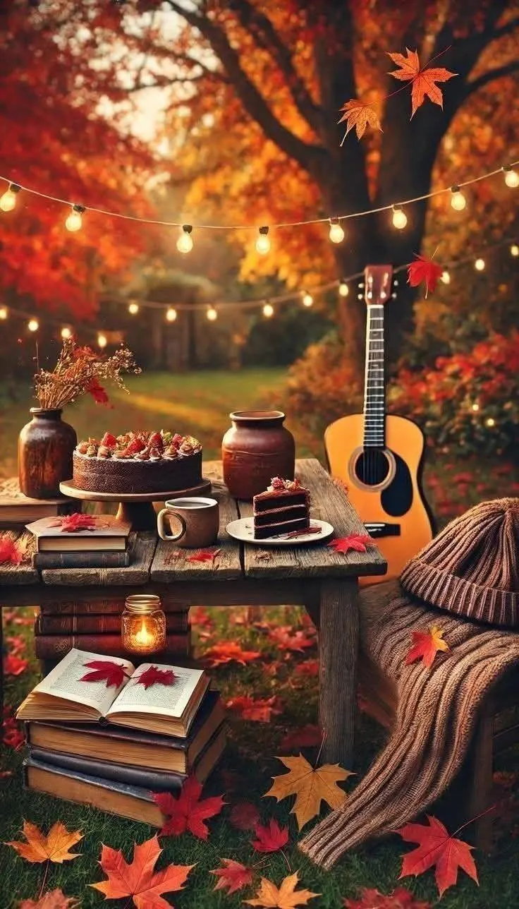 Warm Autumn Evening with Books and Guitar Decoration Image