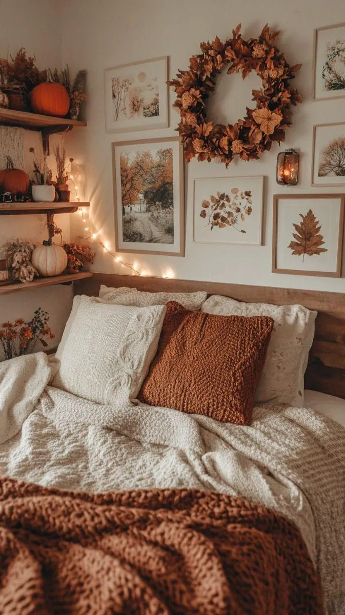 Warm Bedroom Decor with Halloween Accents and Soft Textures