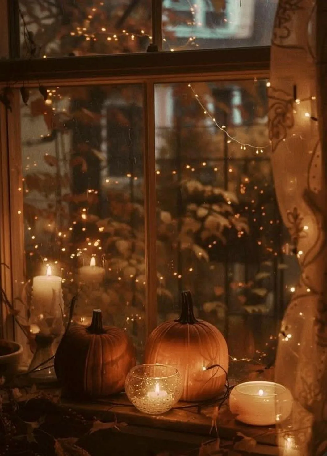 Warm Candlelit Halloween Decor with Pumpkins at Night