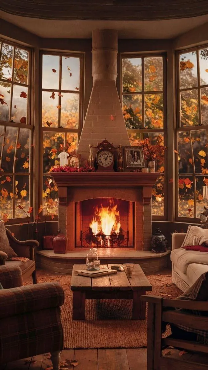 Warm Fireplace Ambiance with Seasonal Fall Decoration