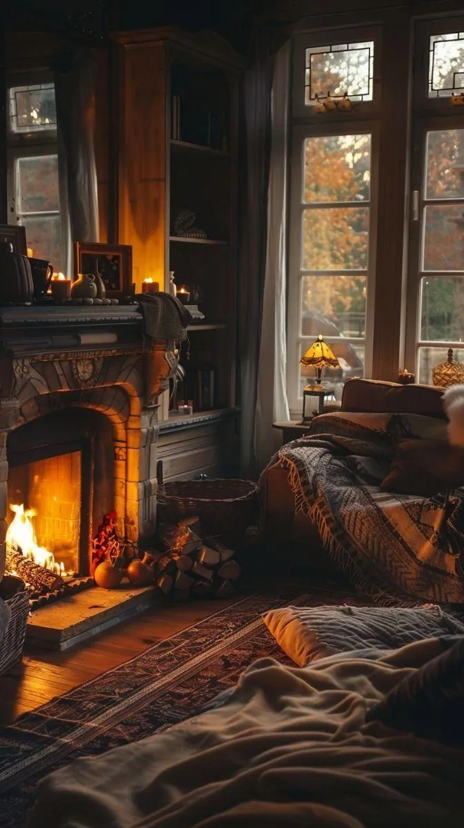 Warm Fireplace and Window Seat with Autumn Atmosphere Image