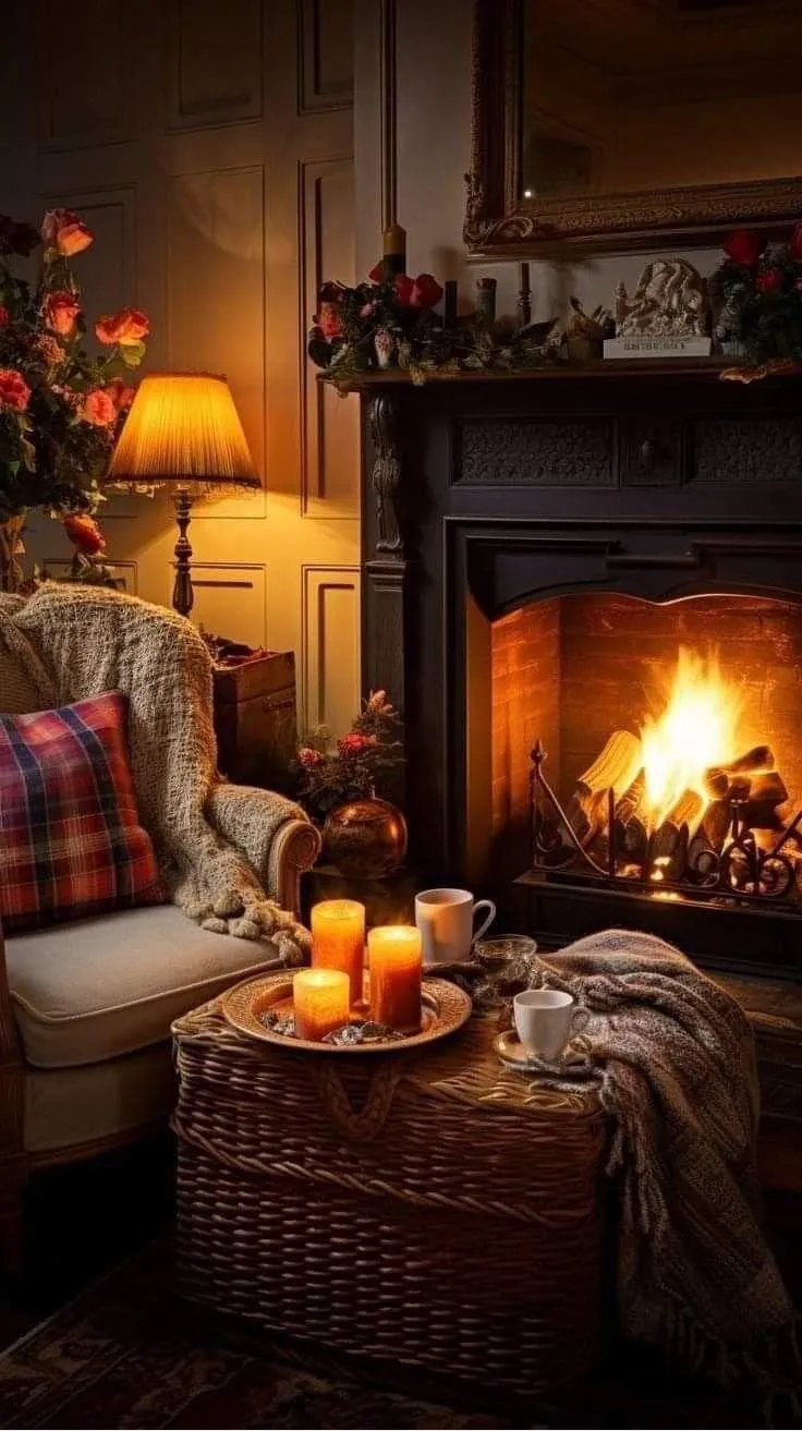 Warm Fireplace Corner with Candles and Pumpkin Accent Image