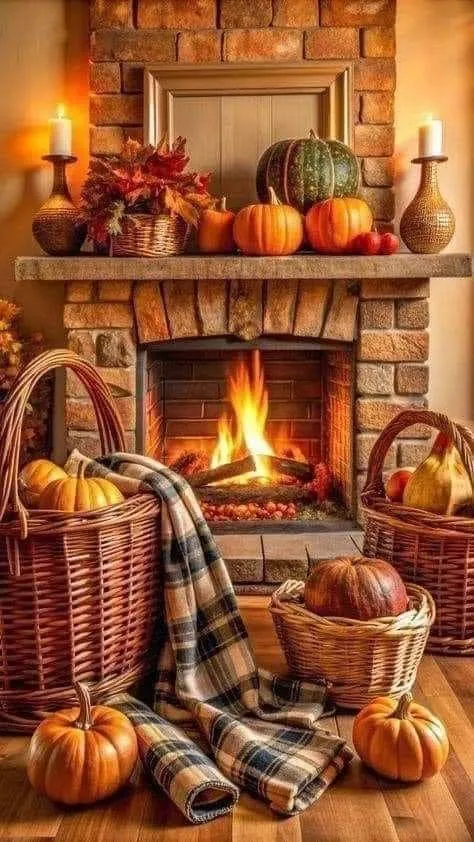 Warm Fireplace Corner with Pumpkin and Cozy Blanket HD