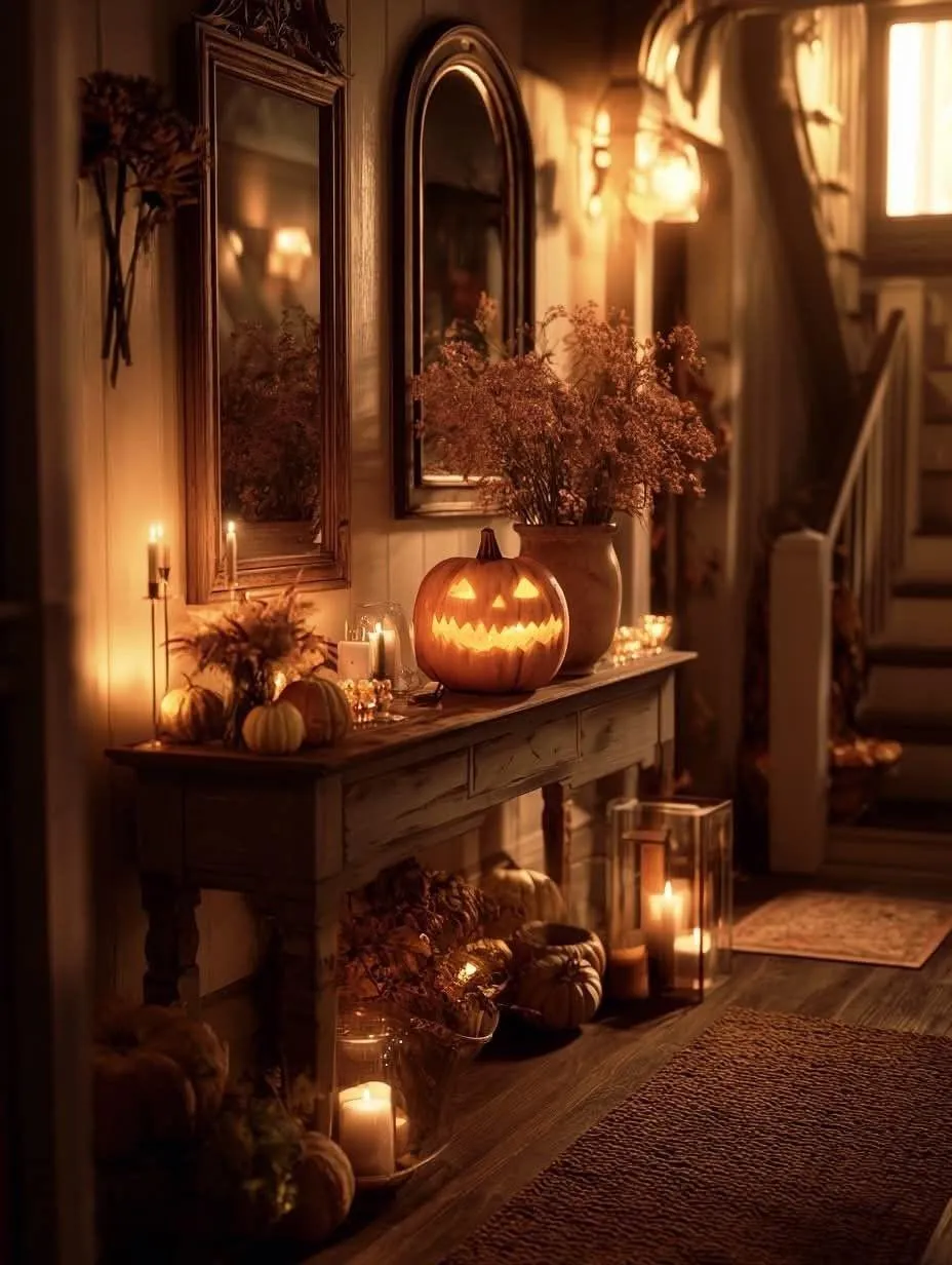 Warm Halloween Hallway Decor with Pumpkins and Candles HD