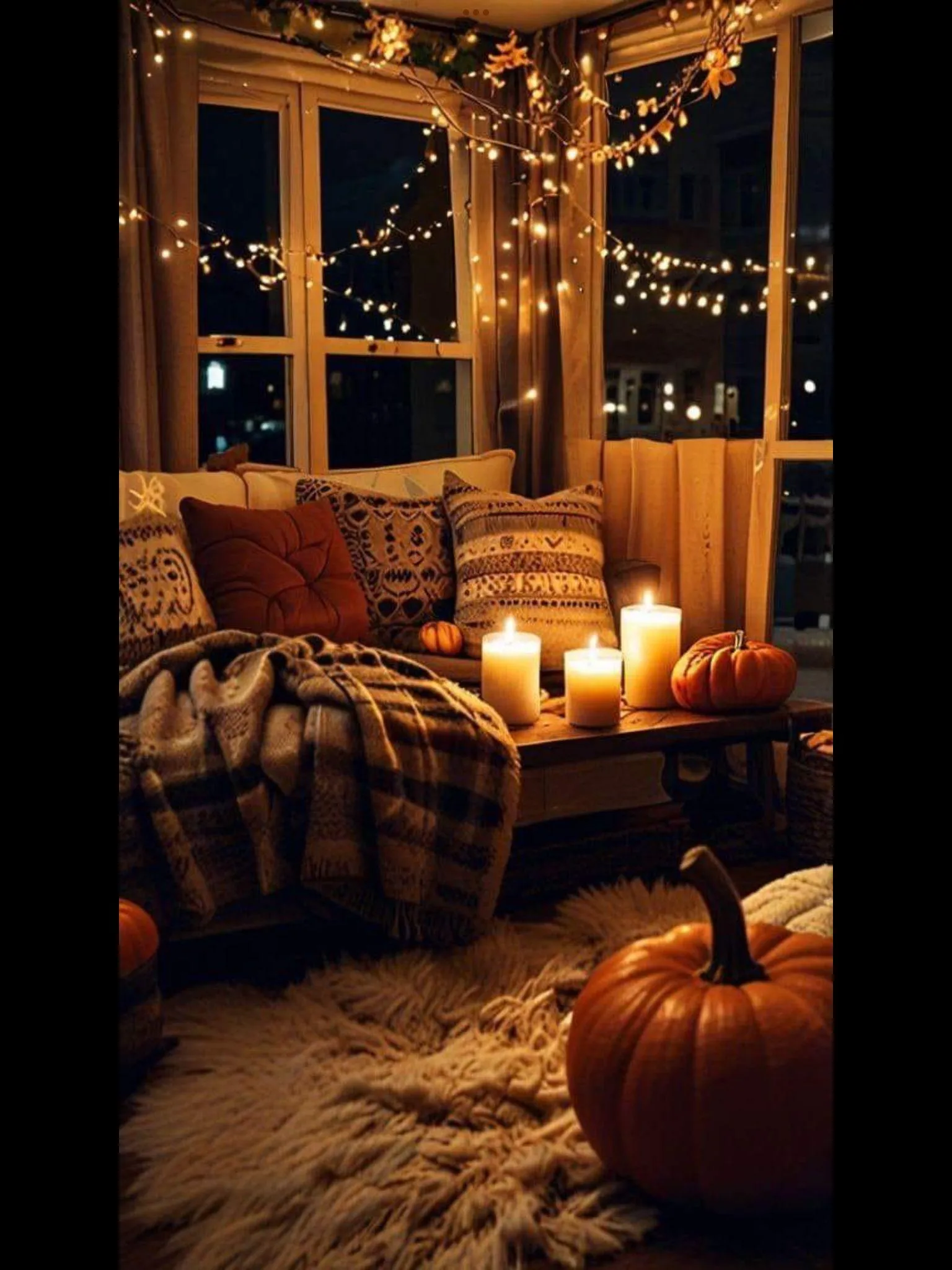 Warm Living Room Halloween Setup with Pumpkins Wallpaper