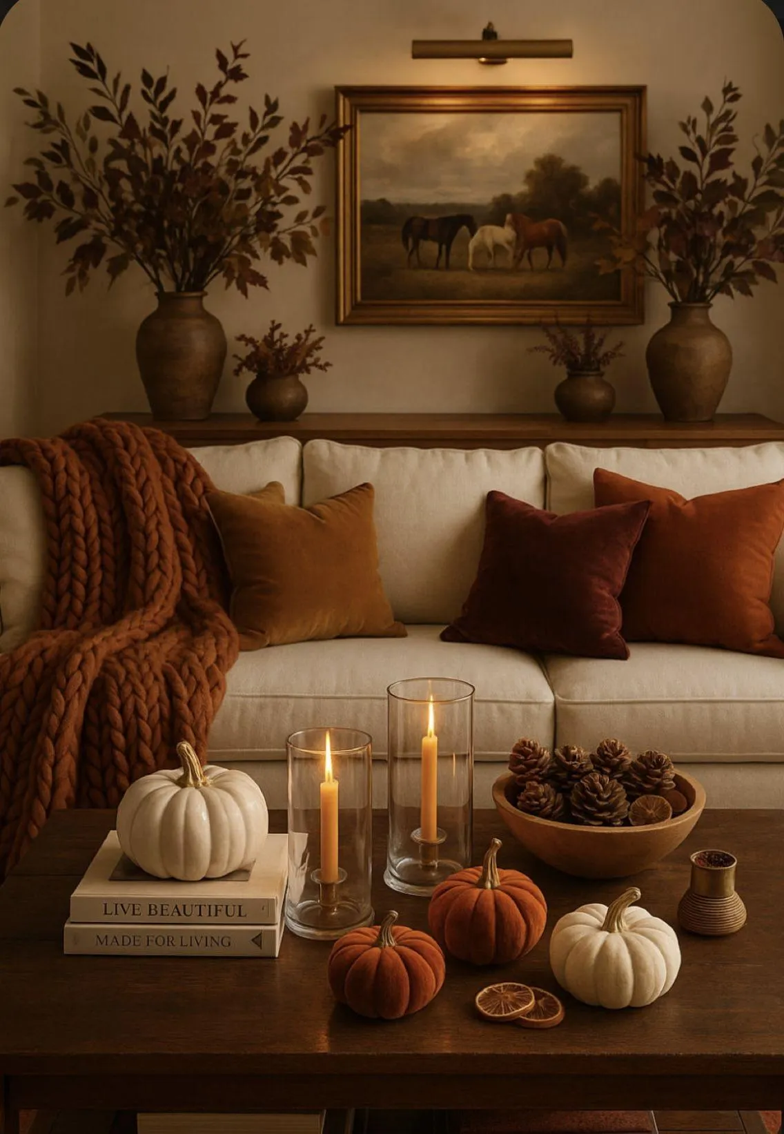 Warm Living Room with Candles Blankets and Pumpkin Decor