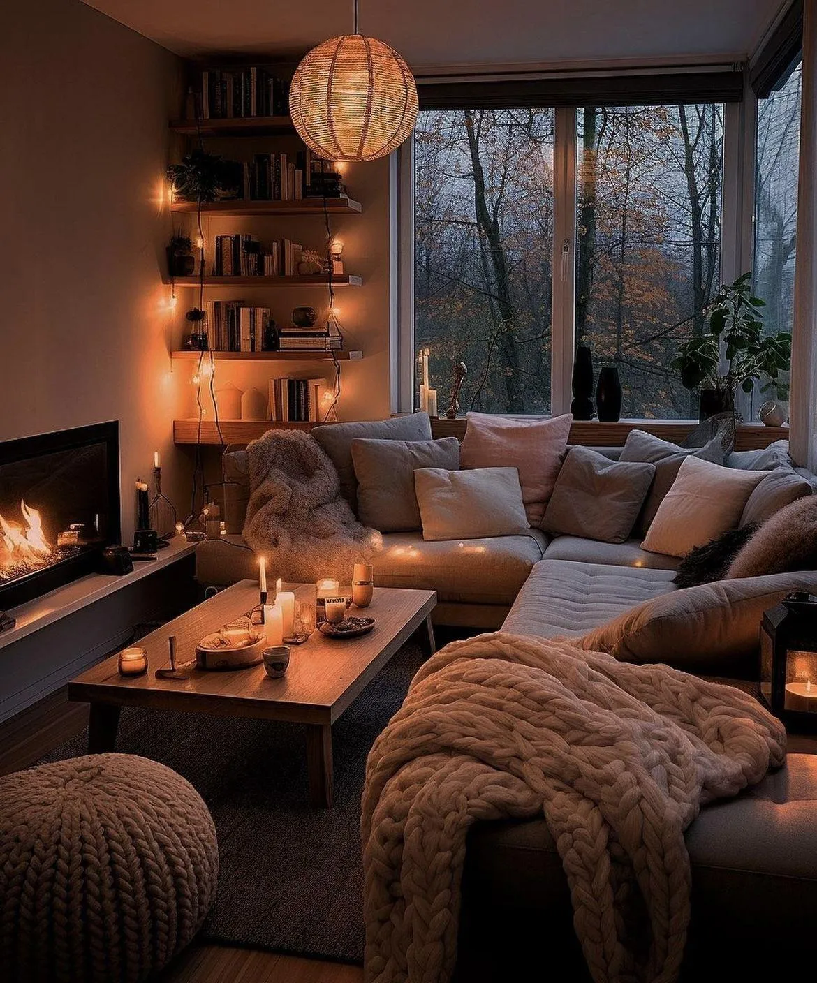 Warm Minimalist Living Room with Halloween Pumpkin Touches