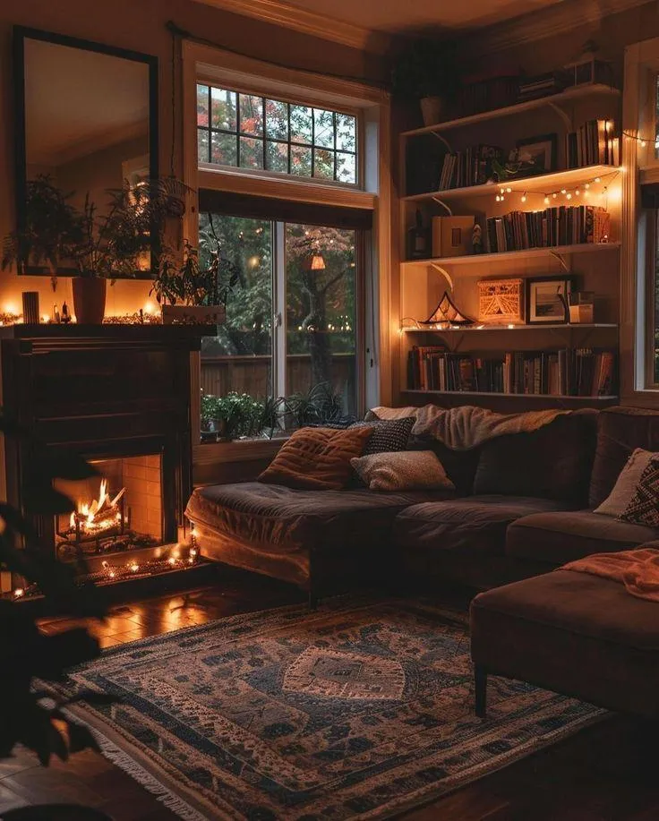 Warmly Lit Living Room with Rustic Fall Decorations Image