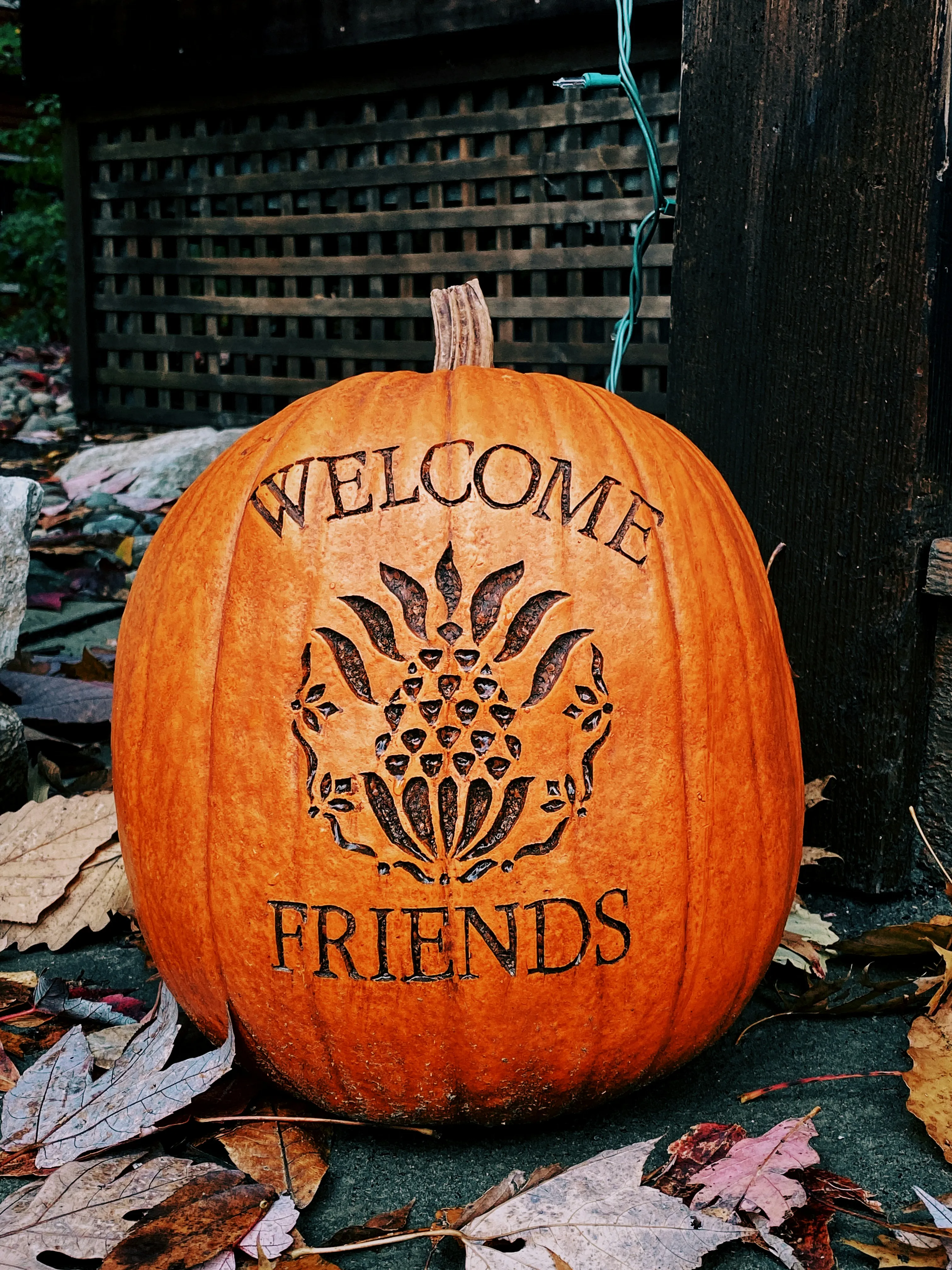 Welcome Sign Carved Into Pumpkin For Festive Entry Wallpaper