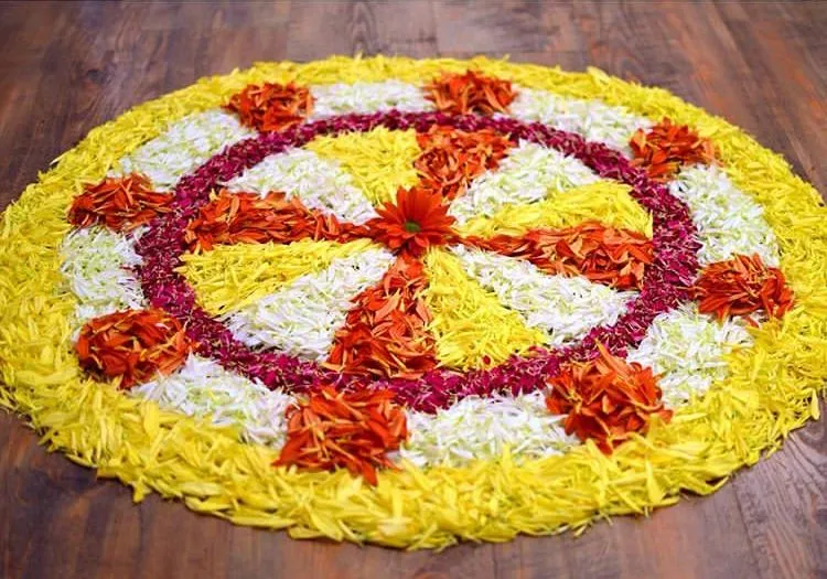 Wheel pattern circular design rangoli with yellow border
