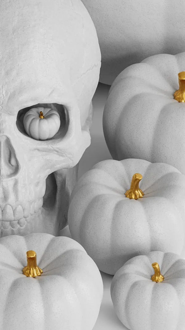 White Pumpkins with Skull Minimal Halloween Aesthetic Image