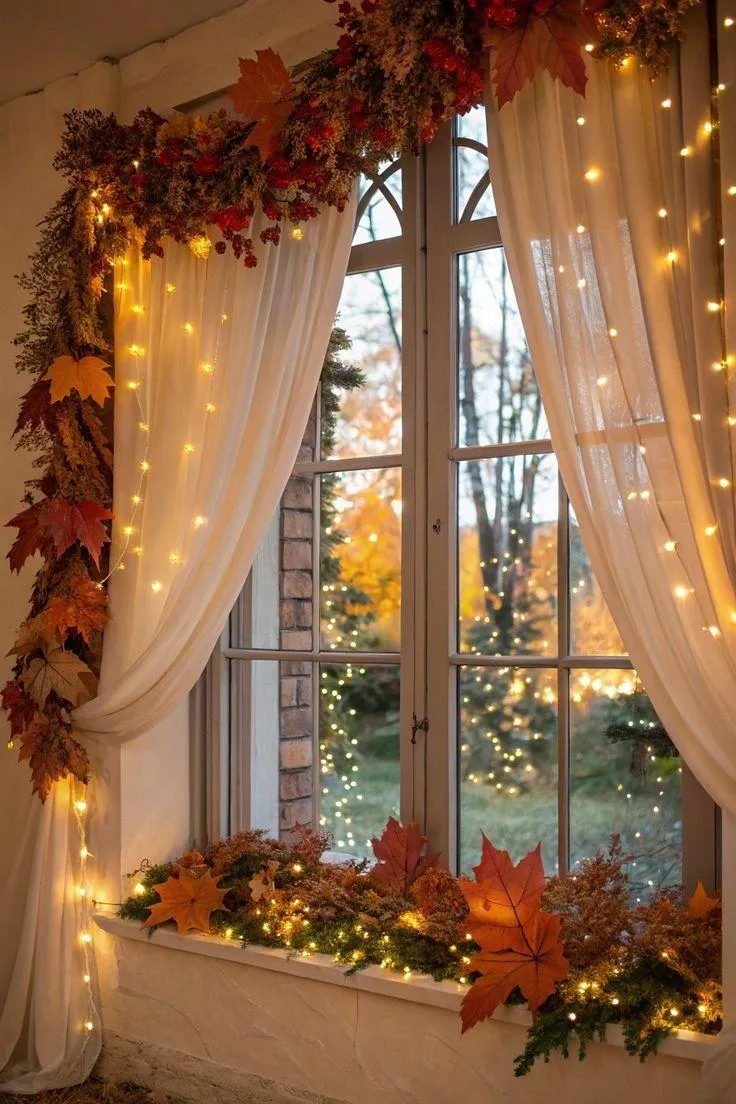 Window View with Fall Lights and Autumn Leaf Decorations