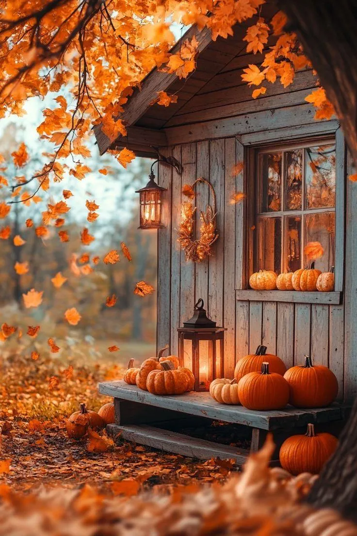 Window View with Pumpkins and Hanging Lantern Decoration
