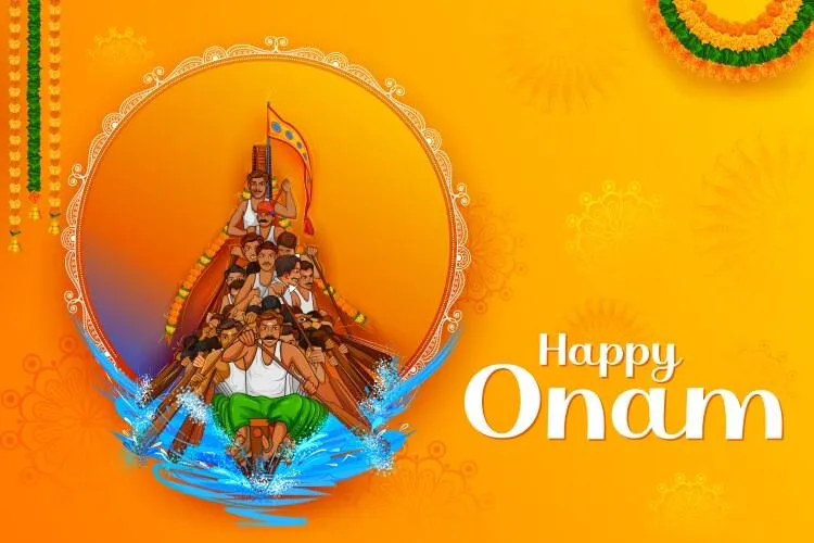 Wishing Happy Onam with white colour text and vallam kali