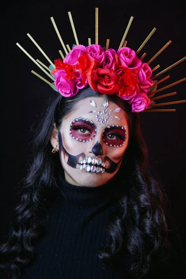 Woman in black with skeleton makeup for Halloween fest