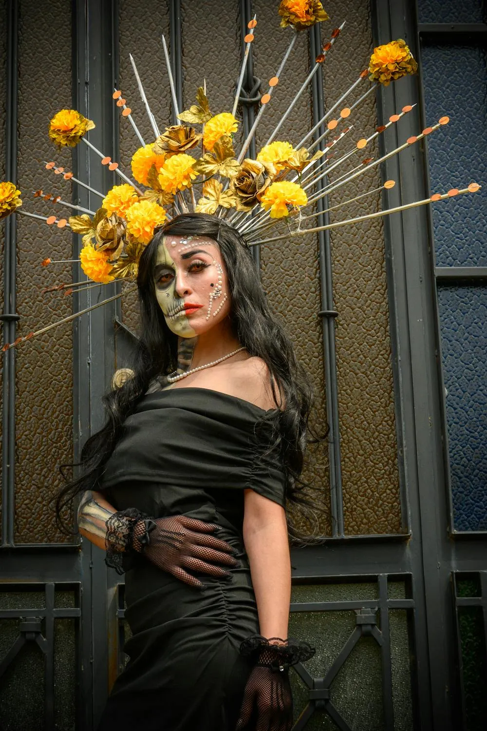 Woman in Floral Crown and Black Dress for Halloween Festival