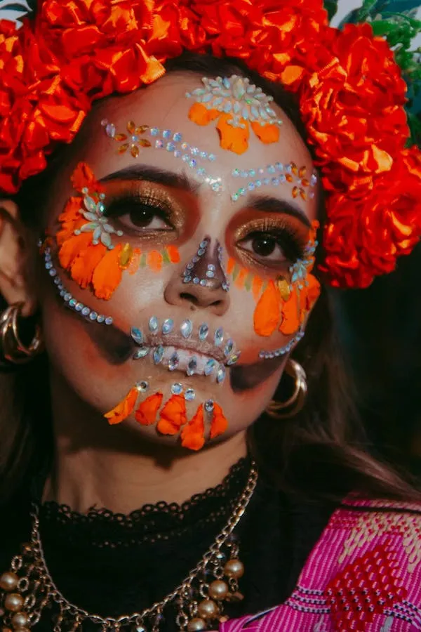 Woman in Floral Headpiece and Halloween Skull Makeup