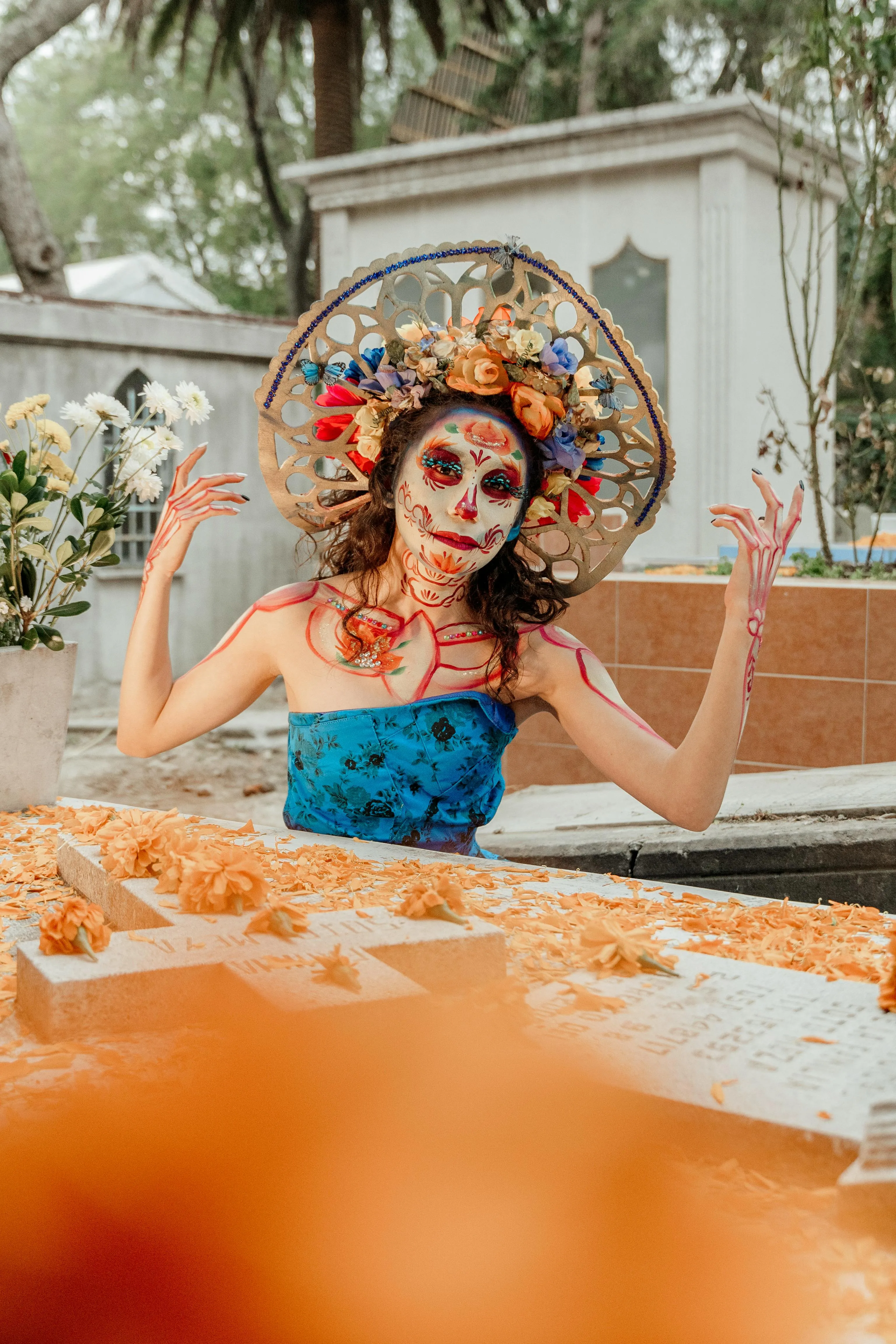 Woman in Floral Headpiece Celebrates Dia de los Muertos