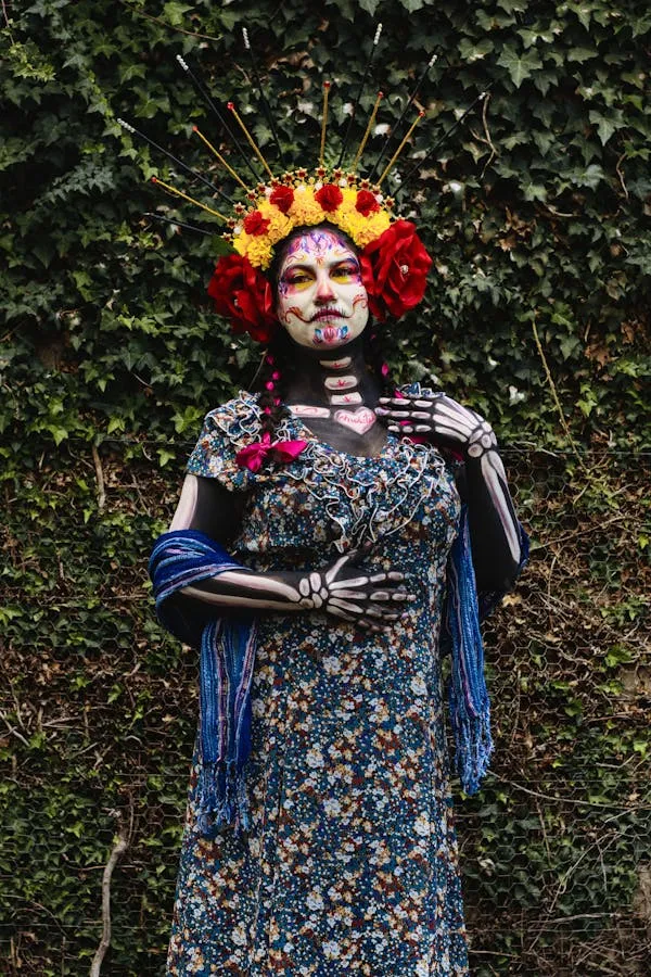 Woman in Floral Skull Makeup and Blue Dress Wallpaper
