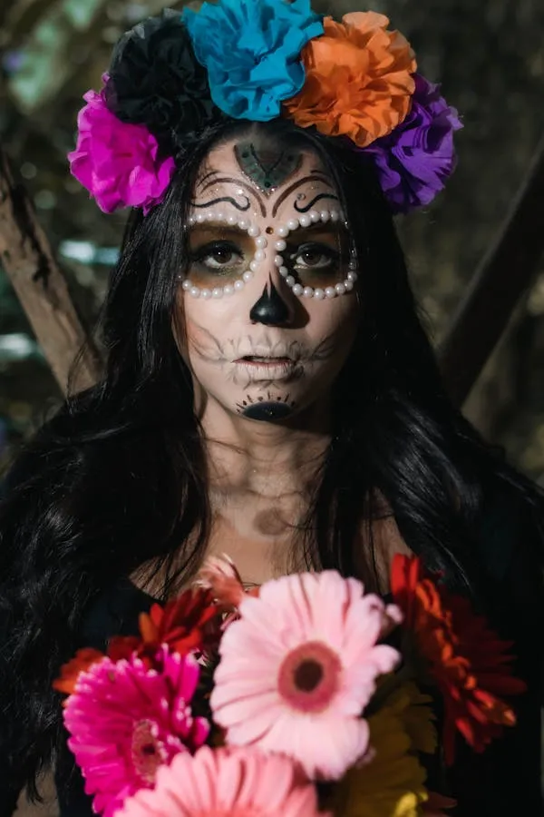 Woman in Flower Costume with Skull Makeup for Halloween