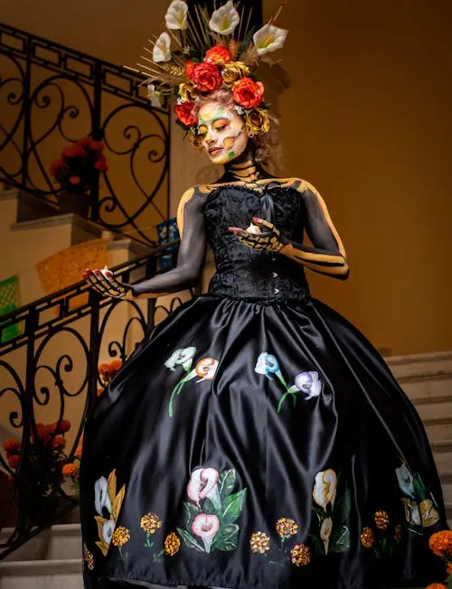 Woman in Flowered Dress and Skull Mask HD Wallpaper