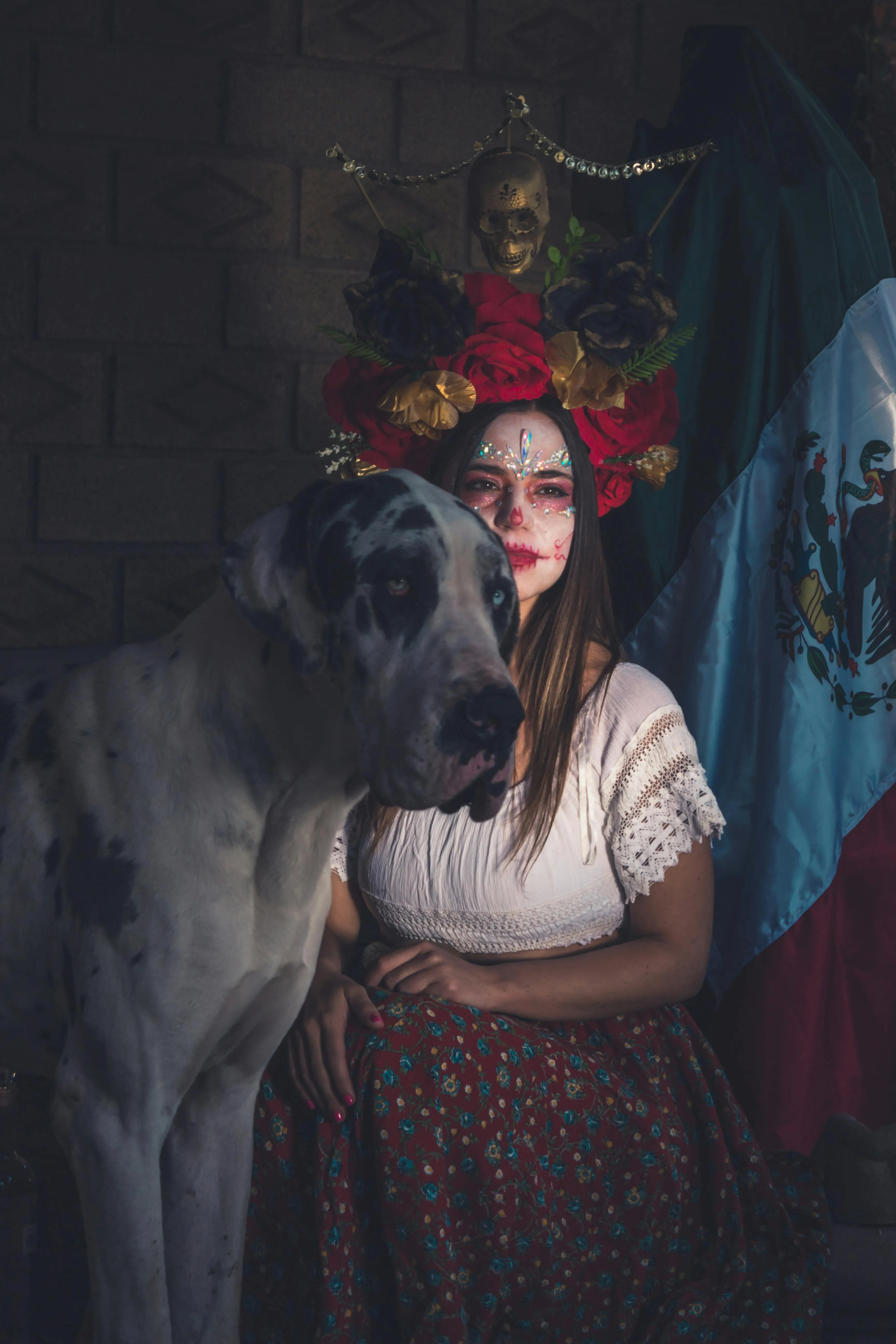 Woman in Halloween Costume with Large Dog Wallpaper
