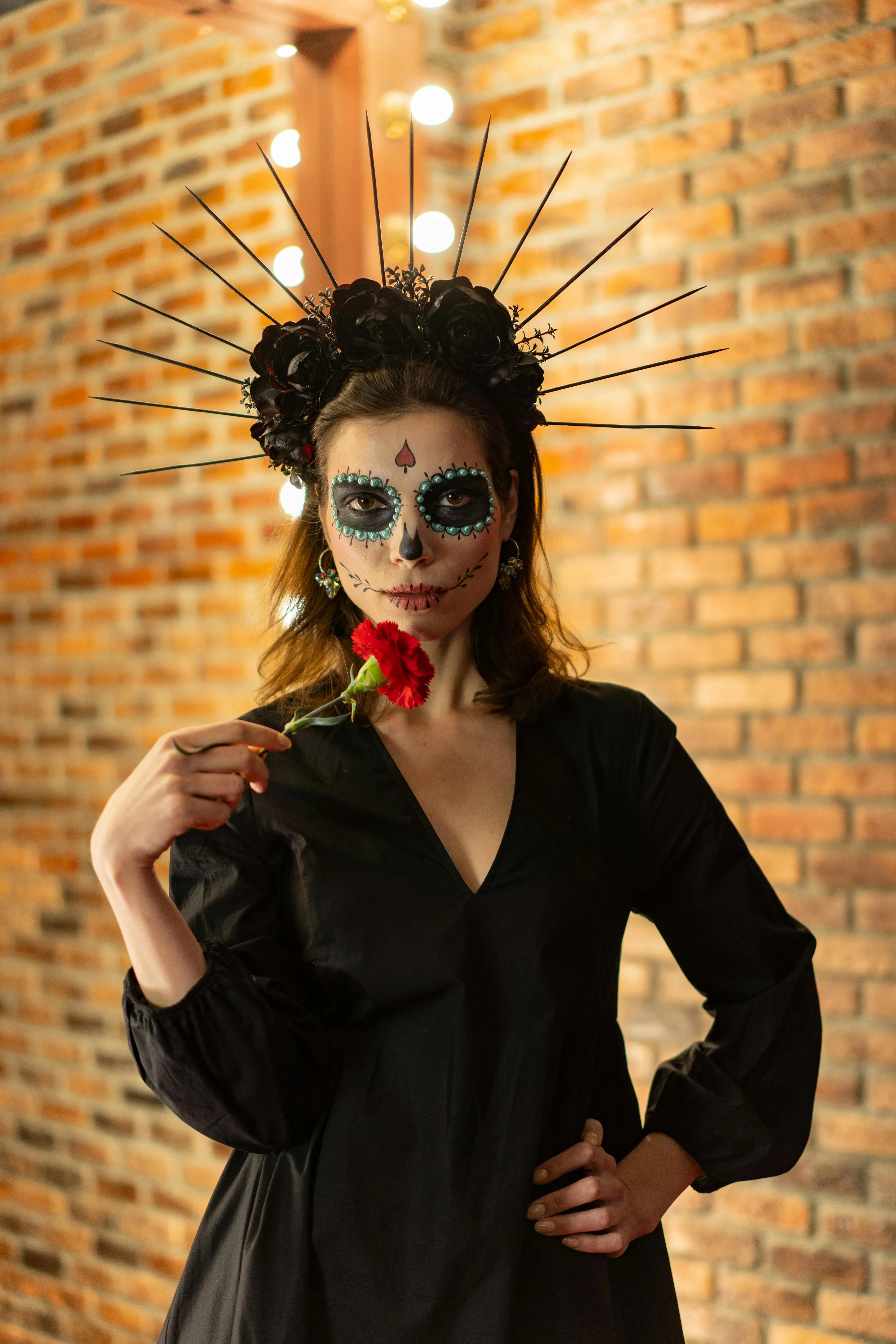 Woman in Red and Black Gothic Halloween Attire wallpaper